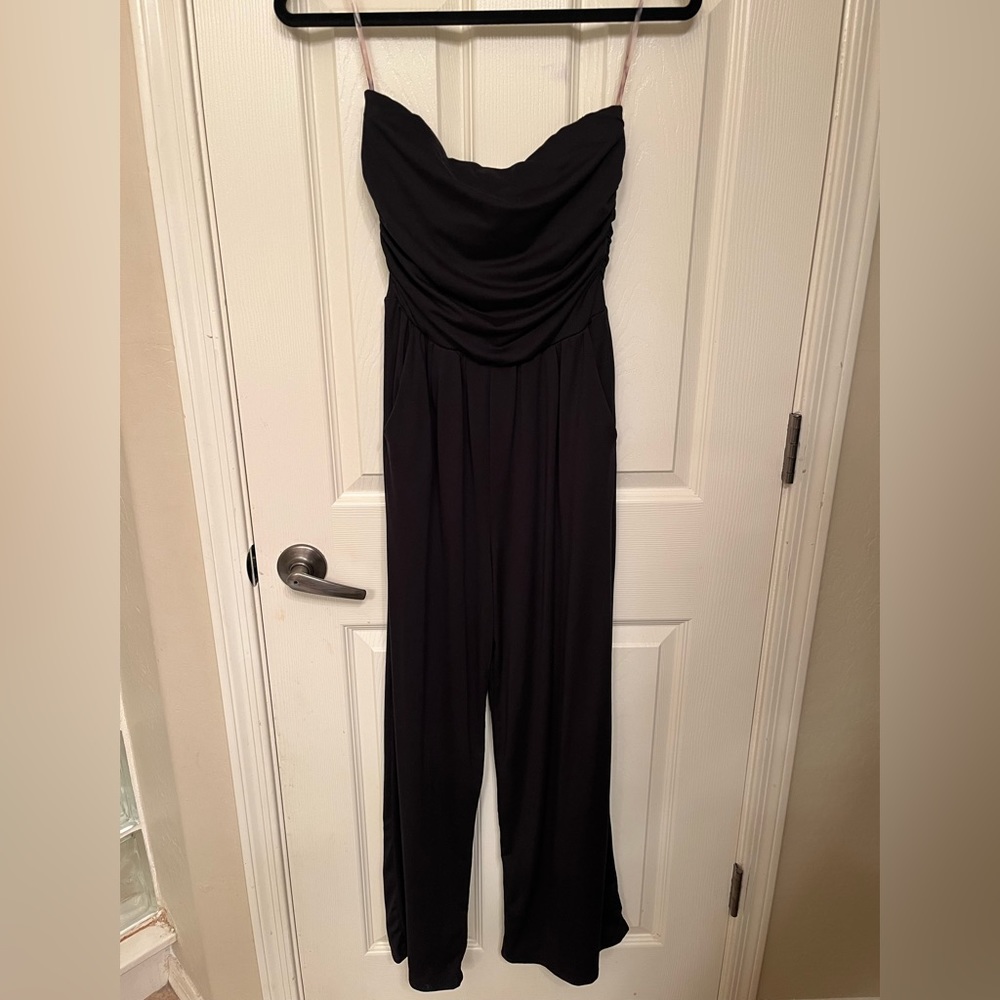 Strapless jumpsuit, black, with pockets